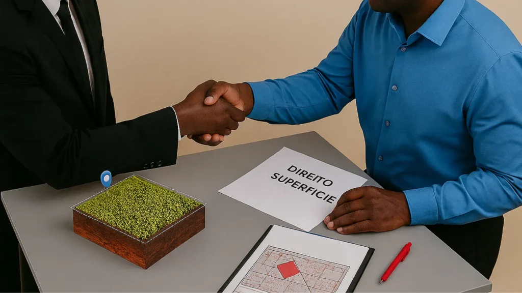 dois angolanos com uma maqueta de terreno e documentos de Direito de Superfície