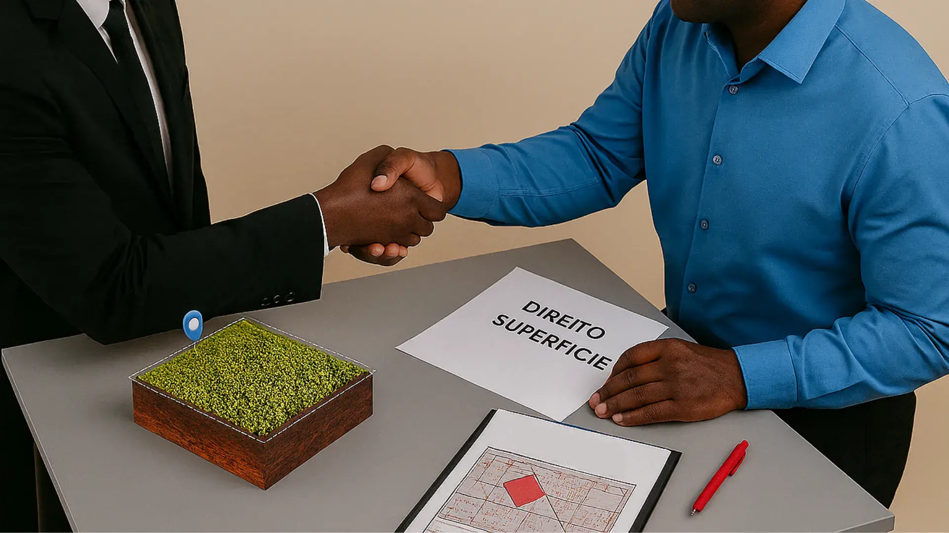 dois angolanos com uma maqueta de terreno e documentos de Direito de Superfície