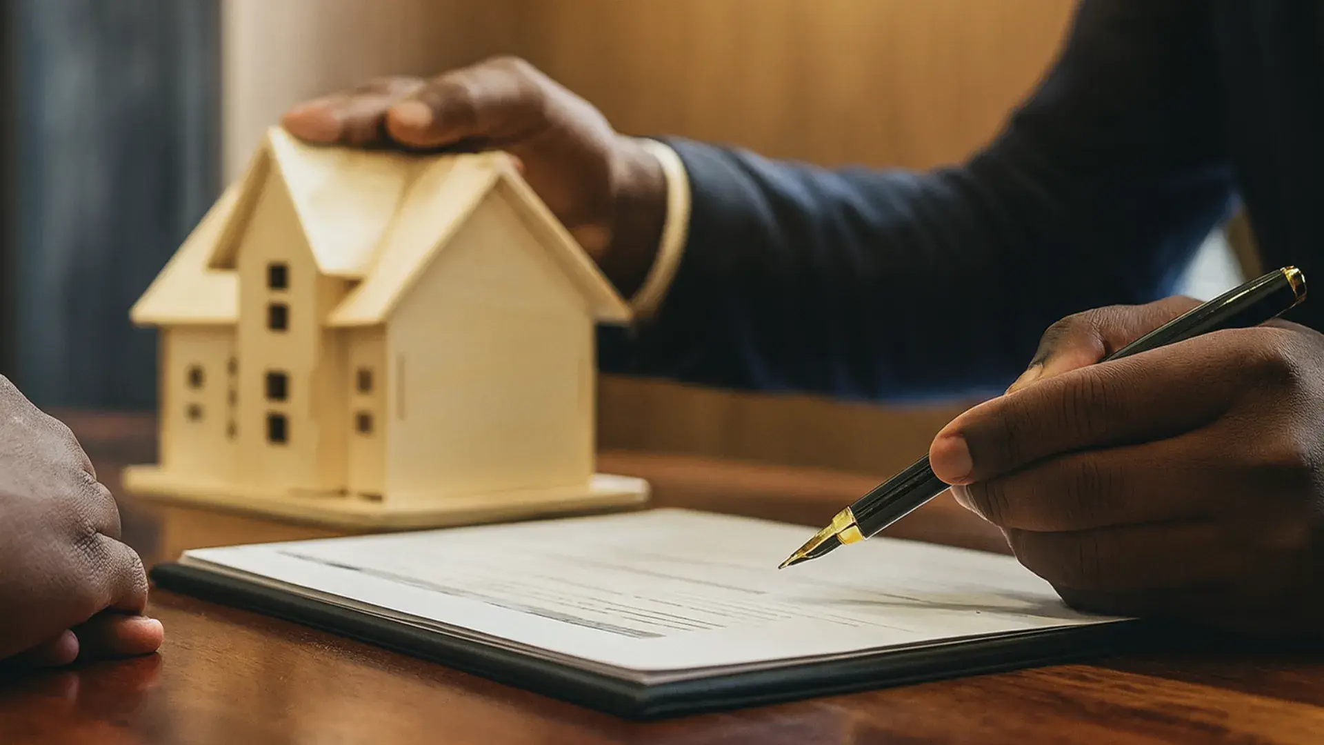 Duas pessoas assinando documentos de compra e venda de imóvel em Angola